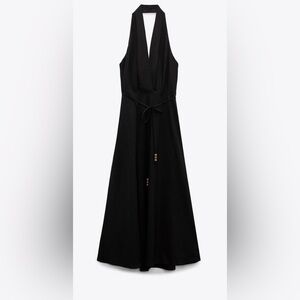 Zara Dress | NWT Linen Blend Halter Dress | Black | XS